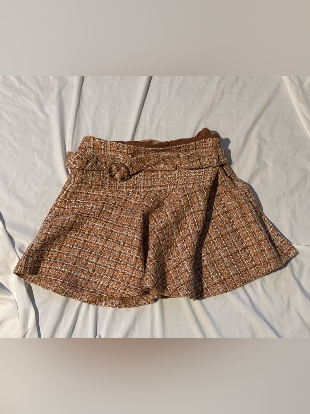 Express Brown Tweed Plaid Skater Skirt with Buckle Belt